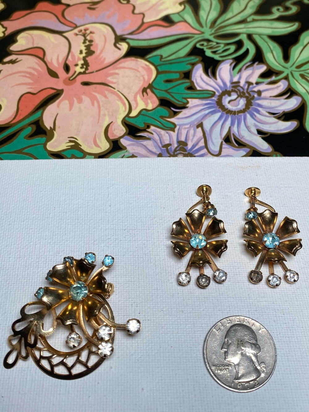 Vintage Gold-Tone Blue Crystal Floral Brooch and Clip-On Earring Set